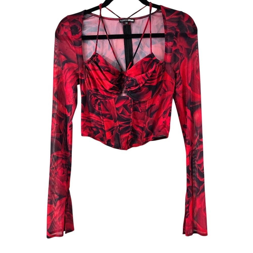 Fashion Nova Grunge Red Rose Floral Mesh Corset Long Sleeve Crop Top Medium